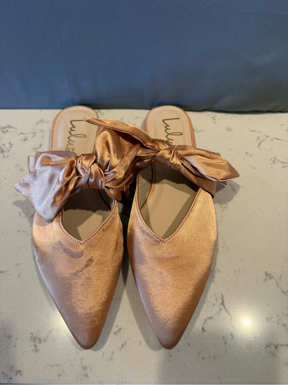 Lulu's Champagne Satin Bow Pointed Mules